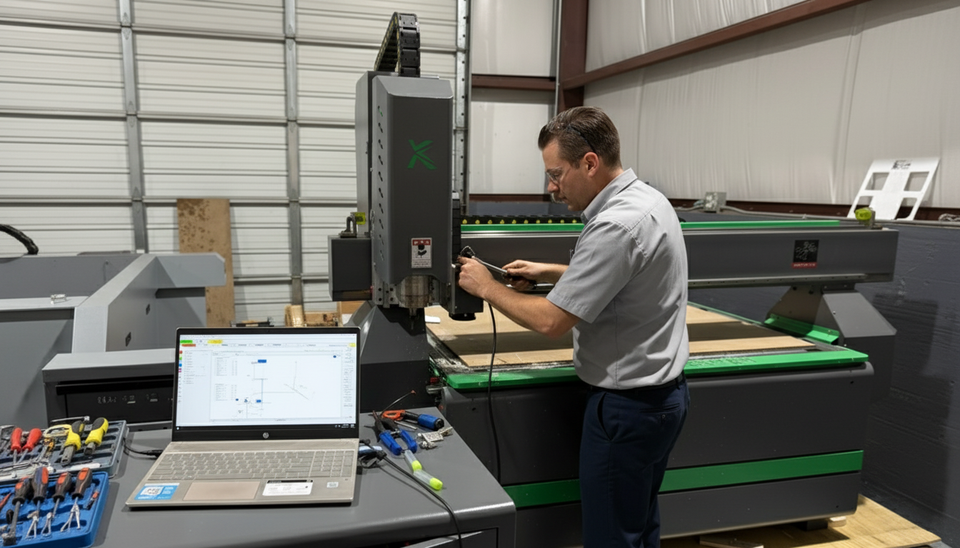 CNC machine installation technician setting up industrial CNC router